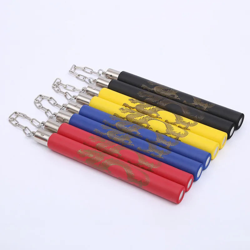 Sponge nunchakus with EVA foam padding on PVC pipe cores and iron chain connection