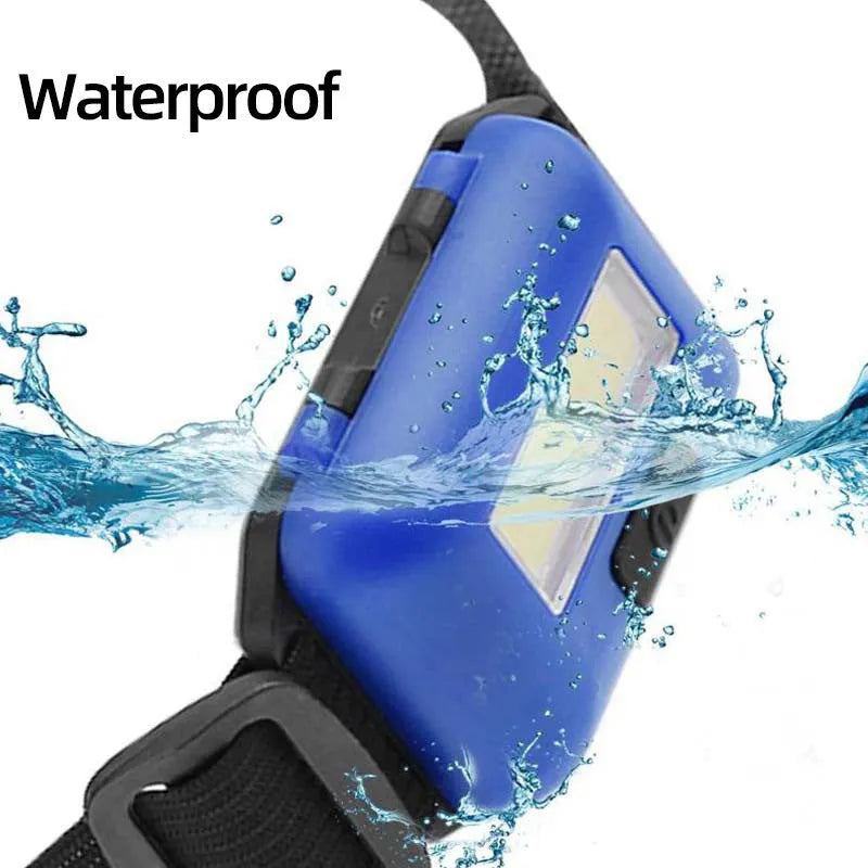 Compact black blue or red outdoor mini COB LED headlight with polyester strap on display