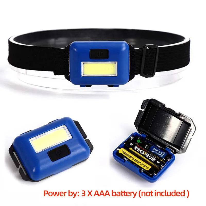 Compact black blue or red outdoor mini COB LED headlight with polyester strap on display