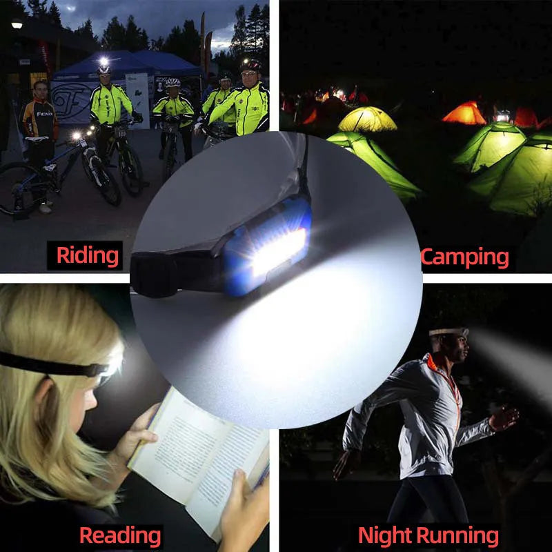 Compact black blue or red outdoor mini COB LED headlight with polyester strap on display