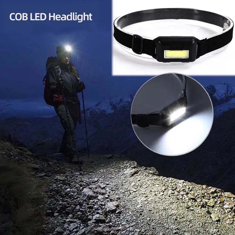 Compact black blue or red outdoor mini COB LED headlight with polyester strap on display