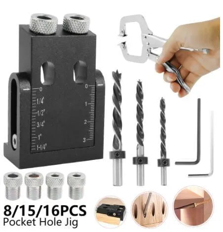 Black aluminium woodworking perforation locator tool with drill bits and sleeves for board connections.