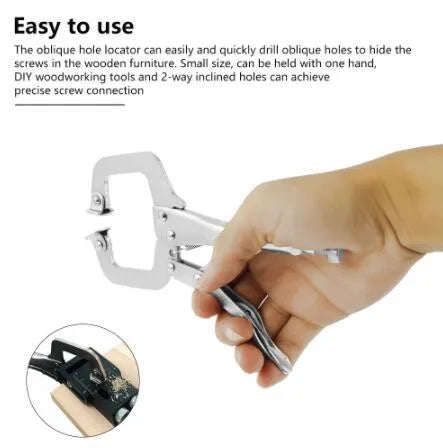 Black aluminium woodworking perforation locator tool with drill bits and sleeves for board connections.