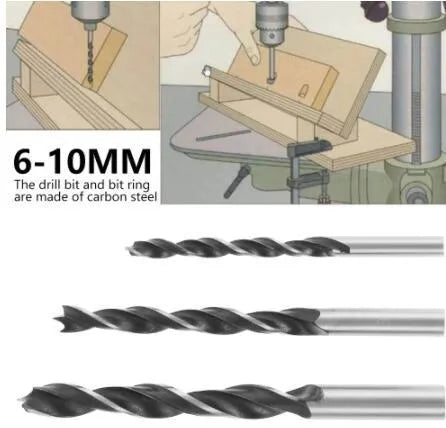 Black aluminium woodworking perforation locator tool with drill bits and sleeves for board connections.