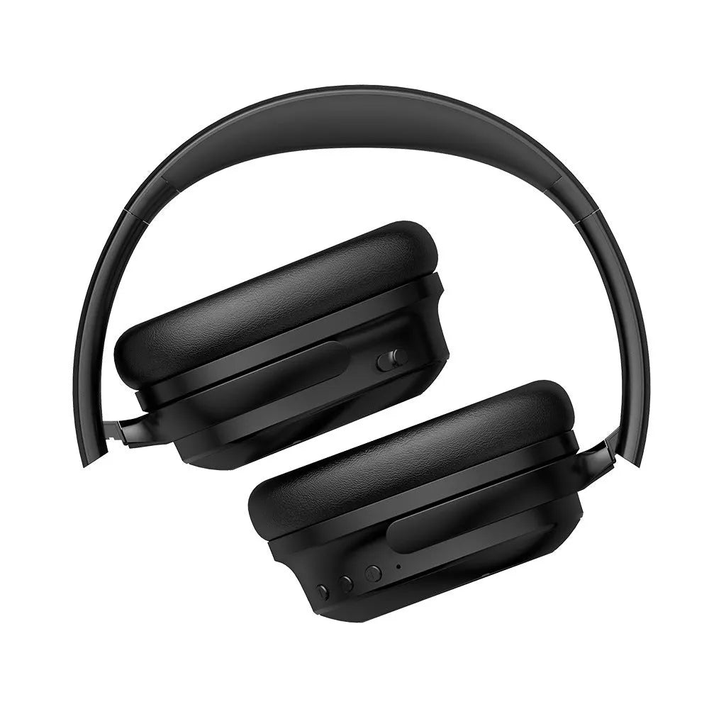 Head-mounted wireless headphones in black with Bluetooth 5.0 and noise cancelling feature