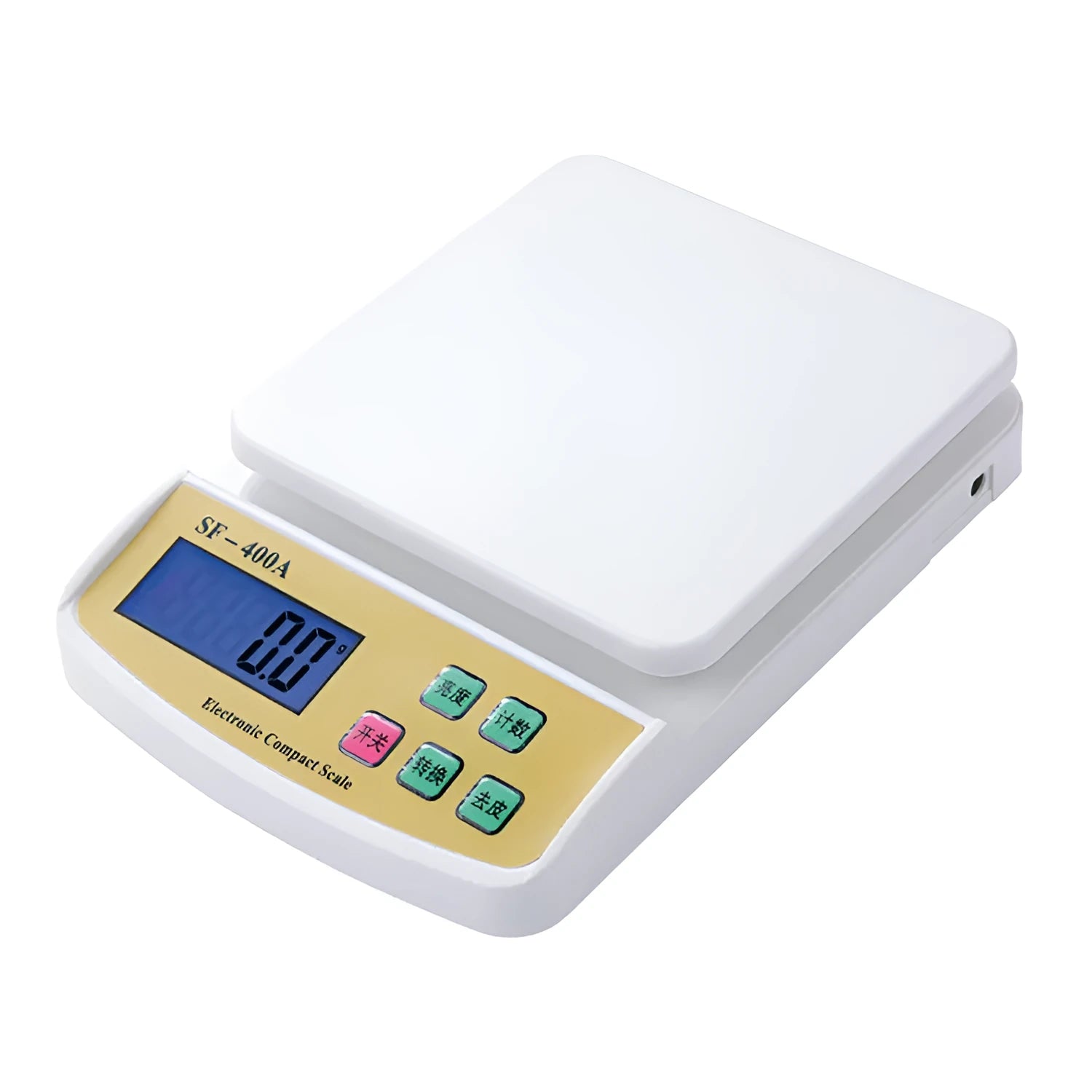 Silver electronic kitchen scale with LCD display showing weight, placed on a kitchen counter.