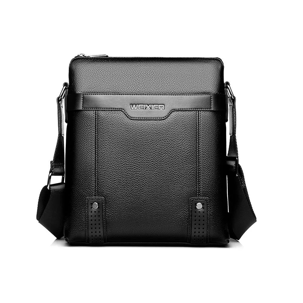 Men's black PU leather shoulder bag with square shape and zip closure