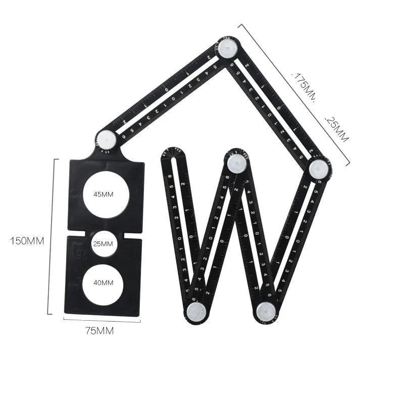 Six fold aluminum alloy and plastic ruler with perforations in folded position showing nine style options