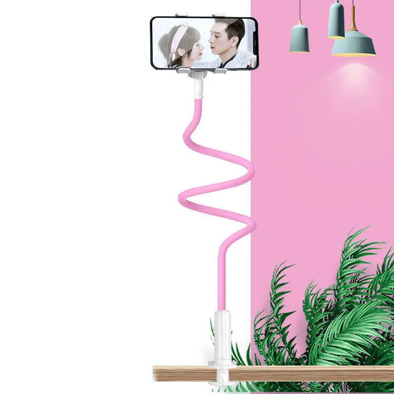 Blue bedside mobile phone holder with memory alloy flexible hose holding smartphone