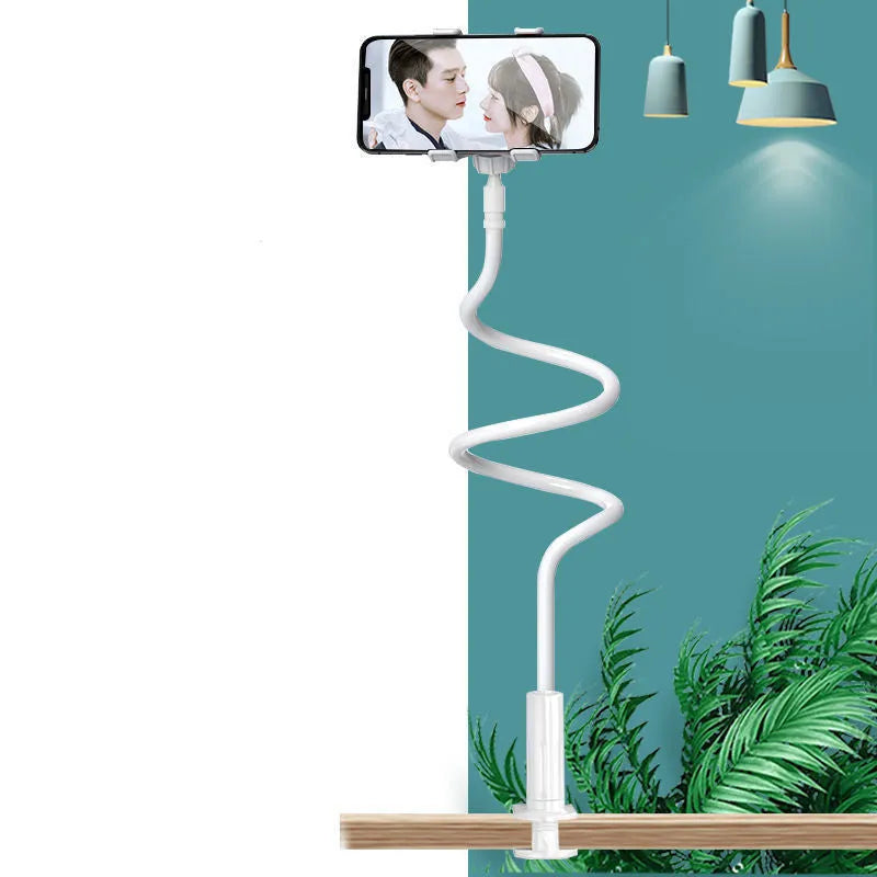 Blue bedside mobile phone holder with memory alloy flexible hose holding smartphone