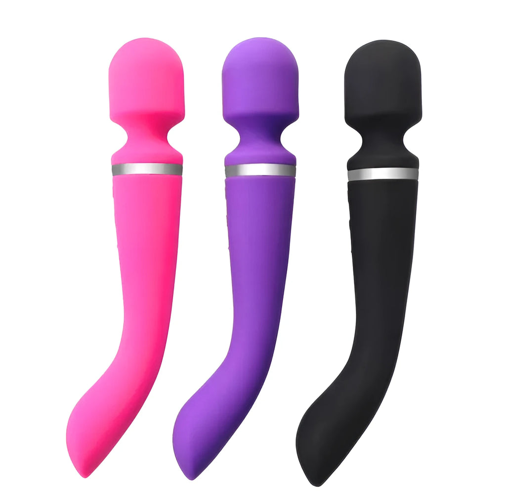 Double head silicone vibrator in black, rechargeable via USB, with low noise motor for women
