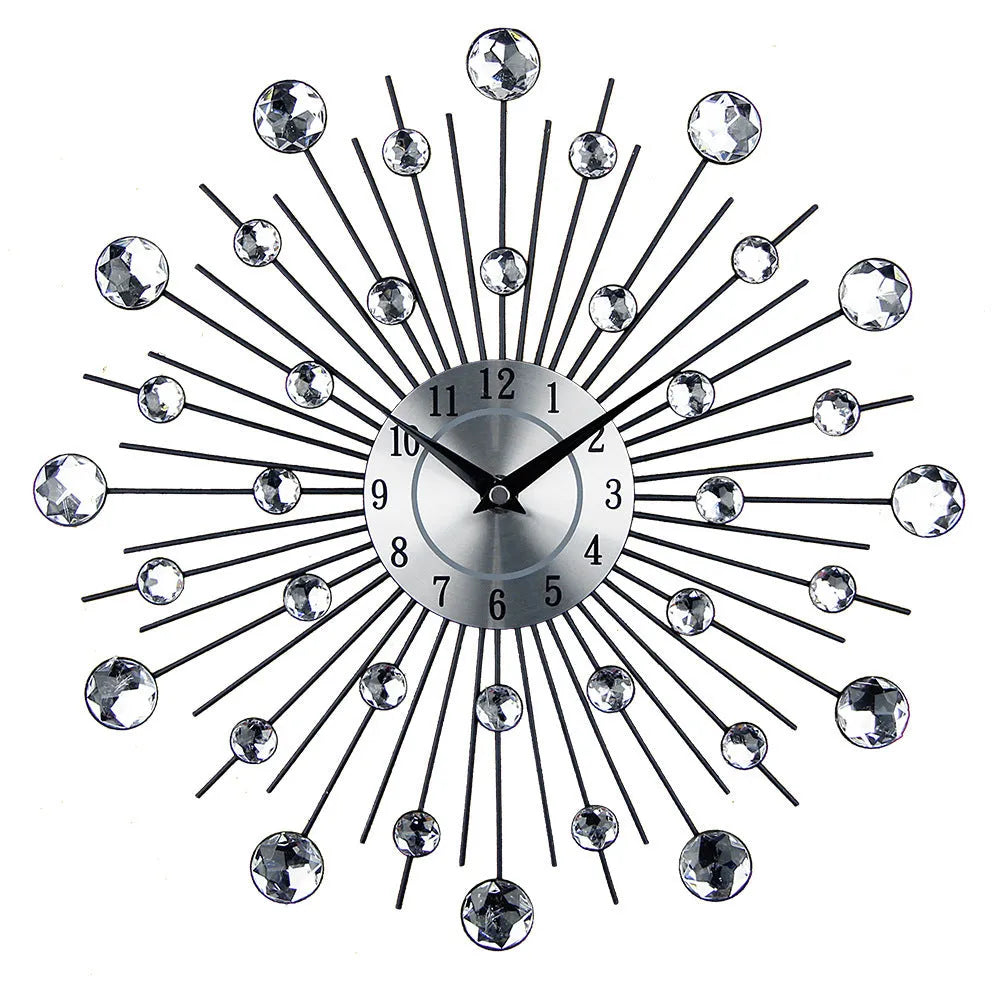 Silver metal round wall clock with aluminium dial showing pointer and numbers, 33cm diameter