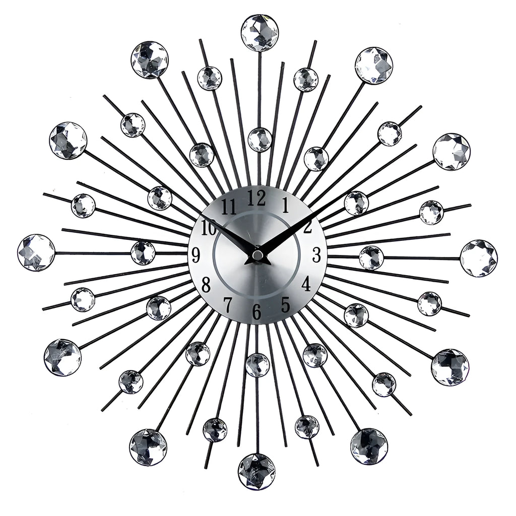 Silver metal round wall clock with aluminium dial showing pointer and numbers, 33cm diameter
