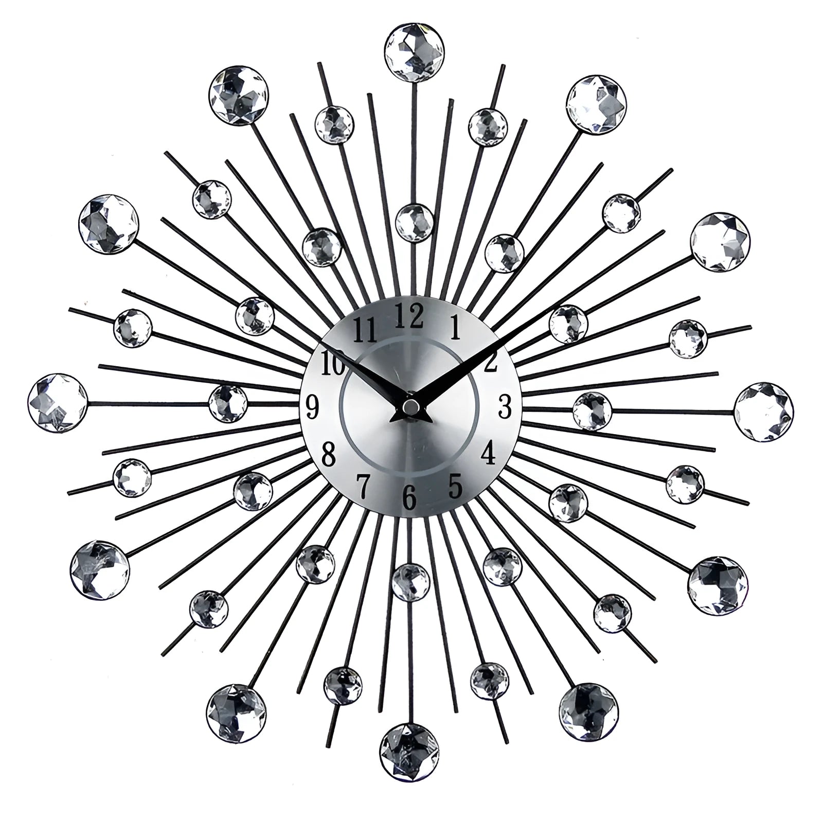 Silver metal round wall clock with aluminium dial showing pointer and numbers, 33cm diameter