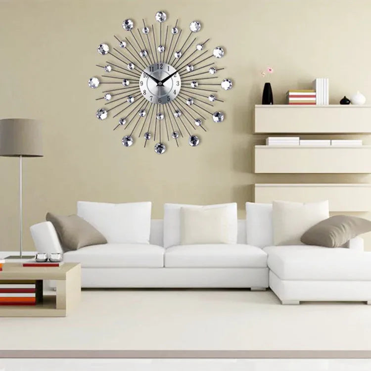 Silver metal round wall clock with aluminium dial showing pointer and numbers, 33cm diameter