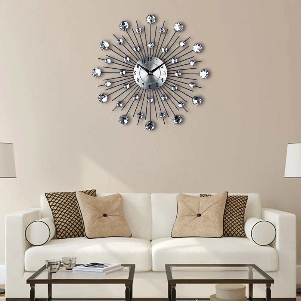 Silver metal round wall clock with aluminium dial showing pointer and numbers, 33cm diameter
