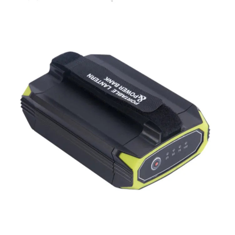 Green rechargeable camping light with USB port, measuring 130x90x47mm