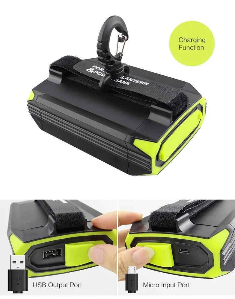 Green rechargeable camping light with USB port, measuring 130x90x47mm