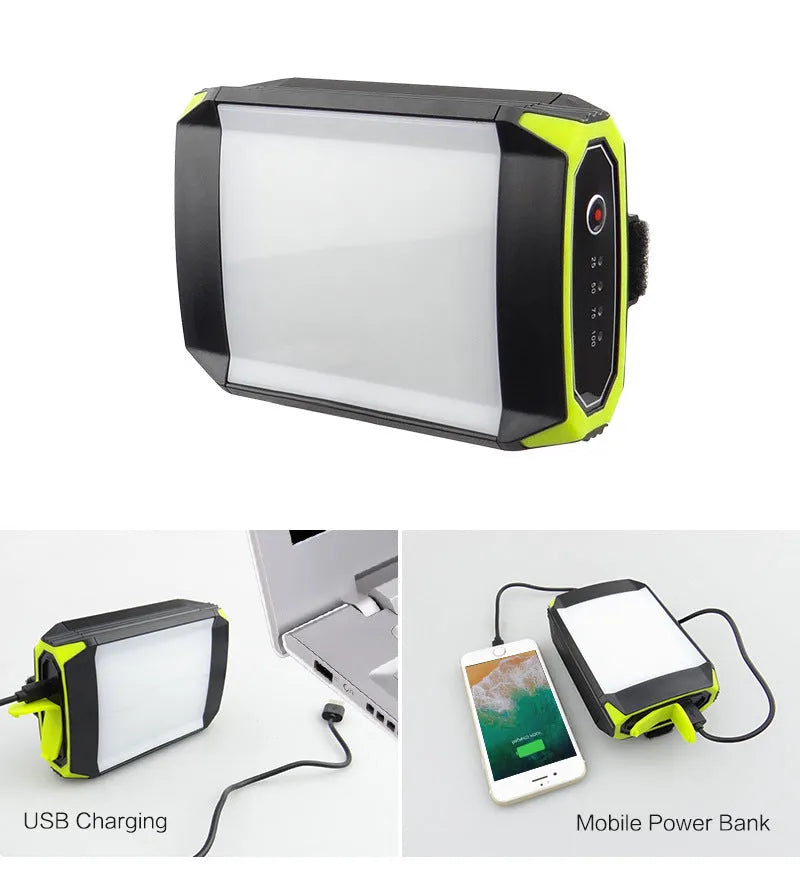 Green rechargeable camping light with USB port, measuring 130x90x47mm