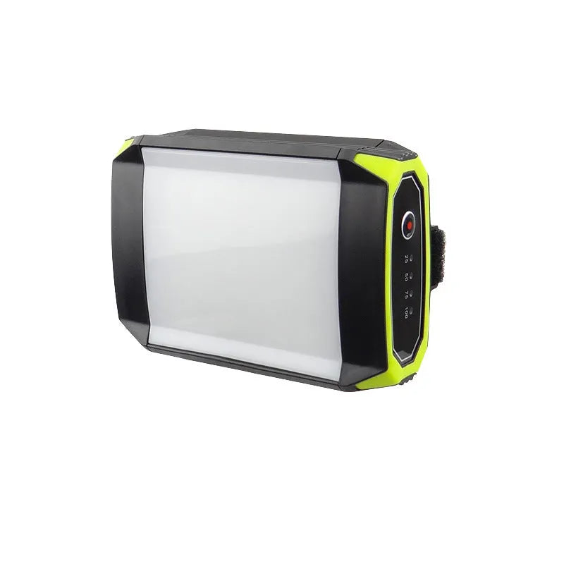 Green rechargeable camping light with USB port, measuring 130x90x47mm