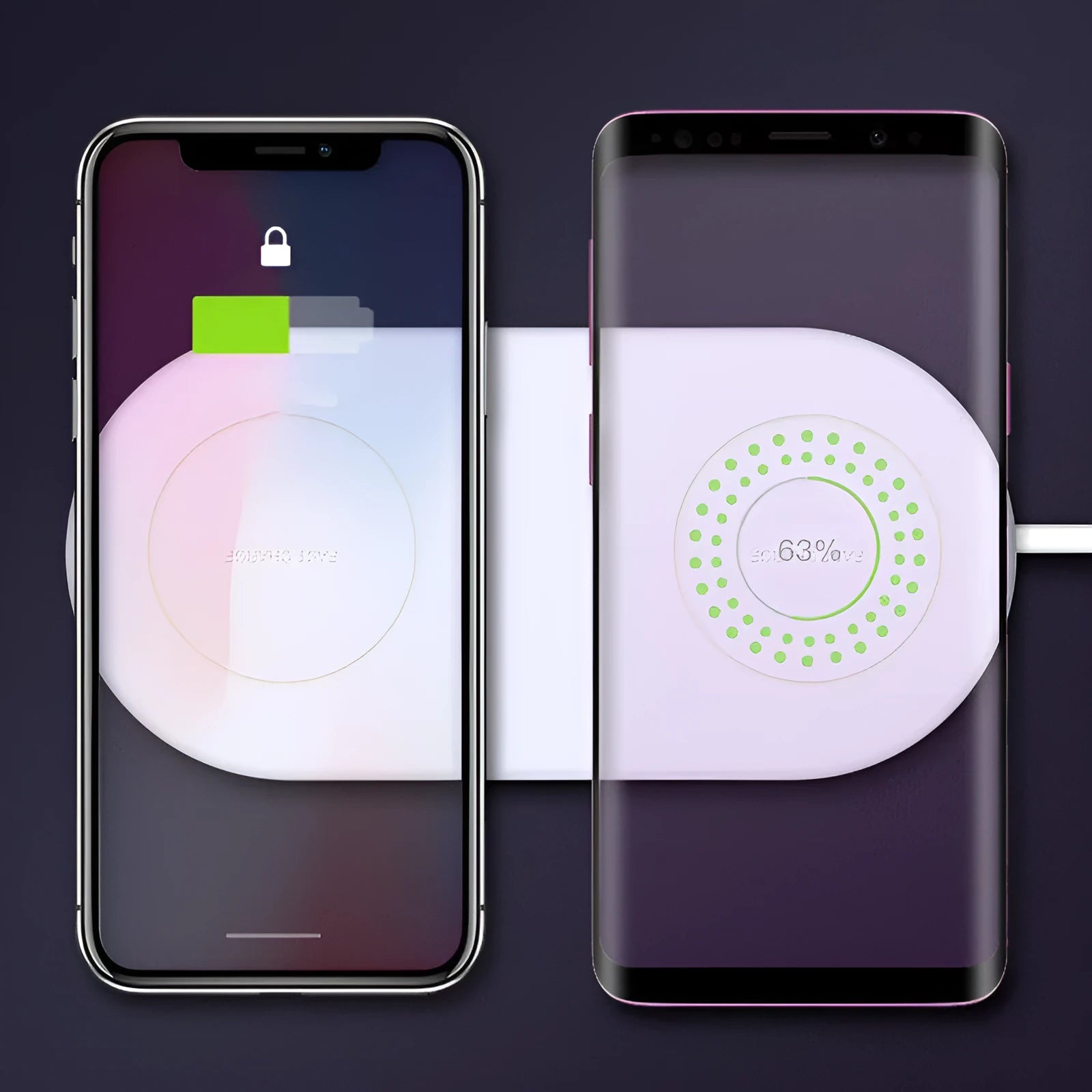 White dual wireless charger charging two mobile phones simultaneously on a simple charging pad