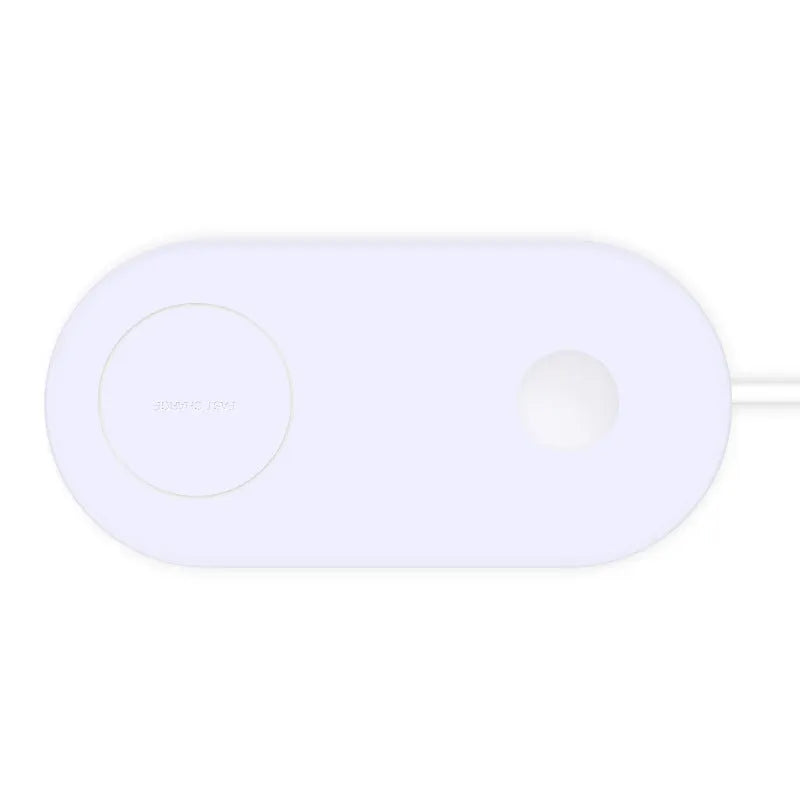 White dual wireless charger charging two mobile phones simultaneously on a simple charging pad