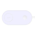White dual wireless charger charging two mobile phones simultaneously on a simple charging pad