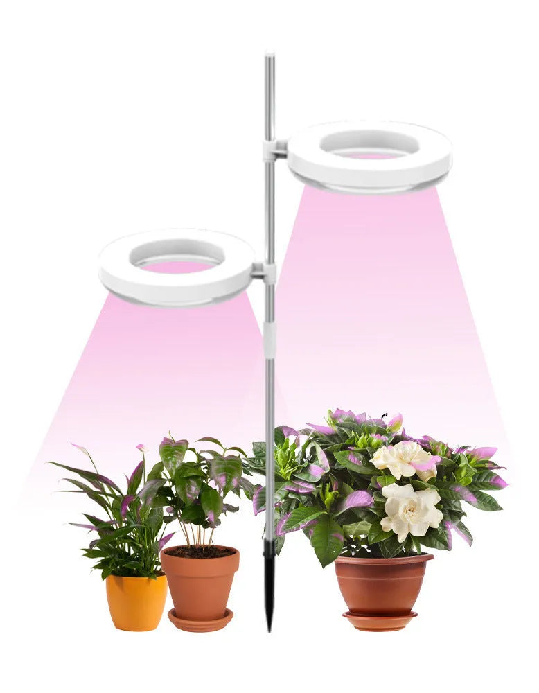 Desk plant growth lamp with full spectrum light and adjustable heads on a wooden surface.