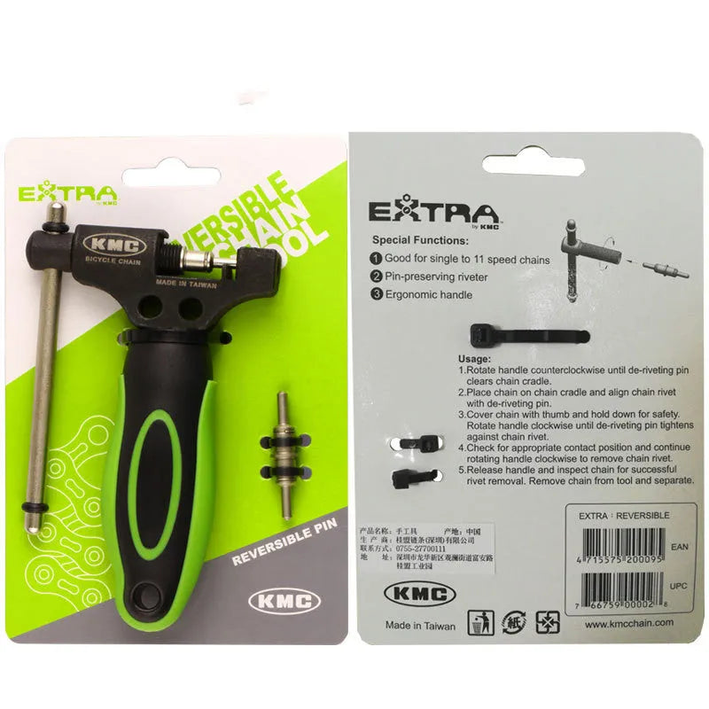 Green steel bicycle chain cutter tool with a double shaft pressing device.