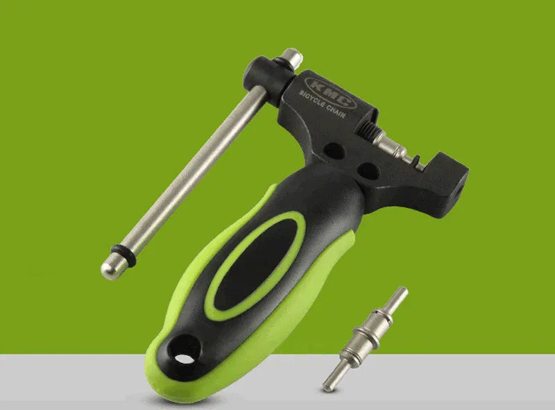 Green steel bicycle chain cutter tool with a double shaft pressing device.