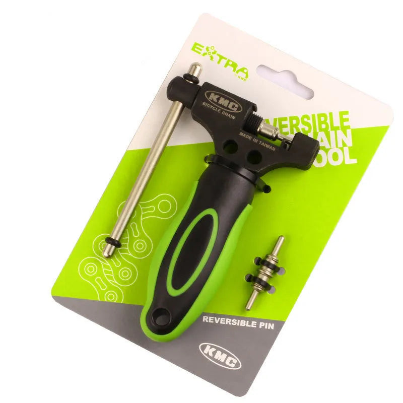 Green steel bicycle chain cutter tool with a double shaft pressing device.