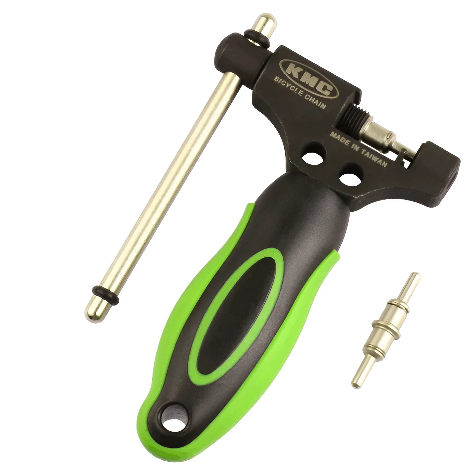 Green steel bicycle chain cutter tool with a double shaft pressing device.