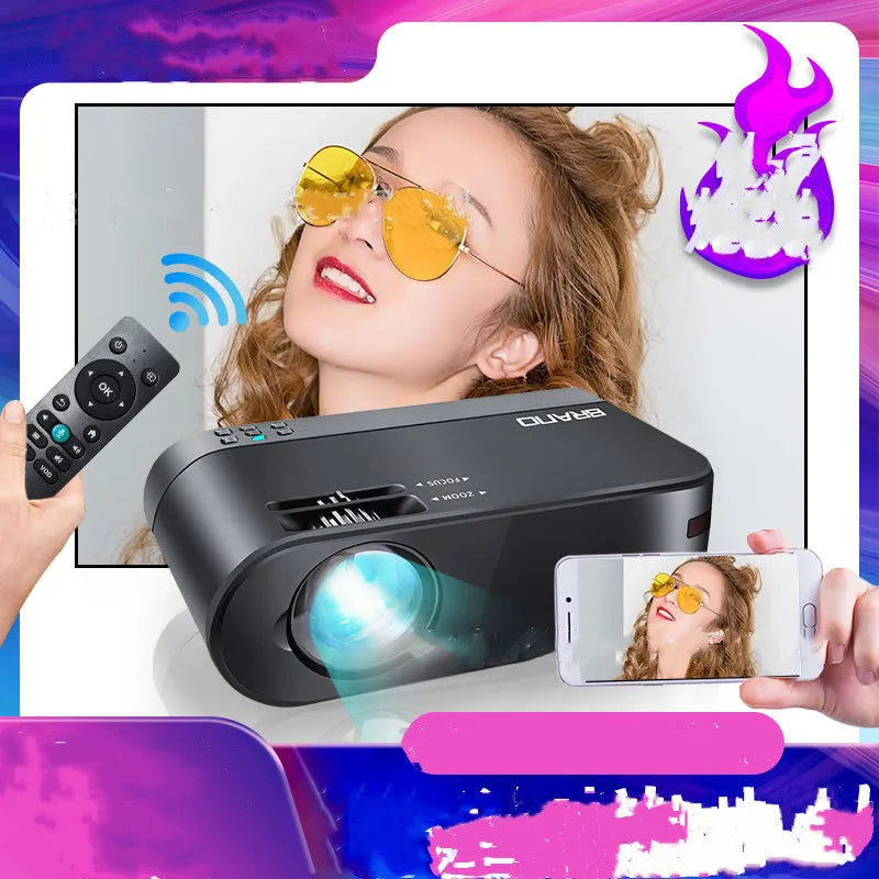 Compact portable WiFi projector with lens and control buttons for wireless mobile phone projection