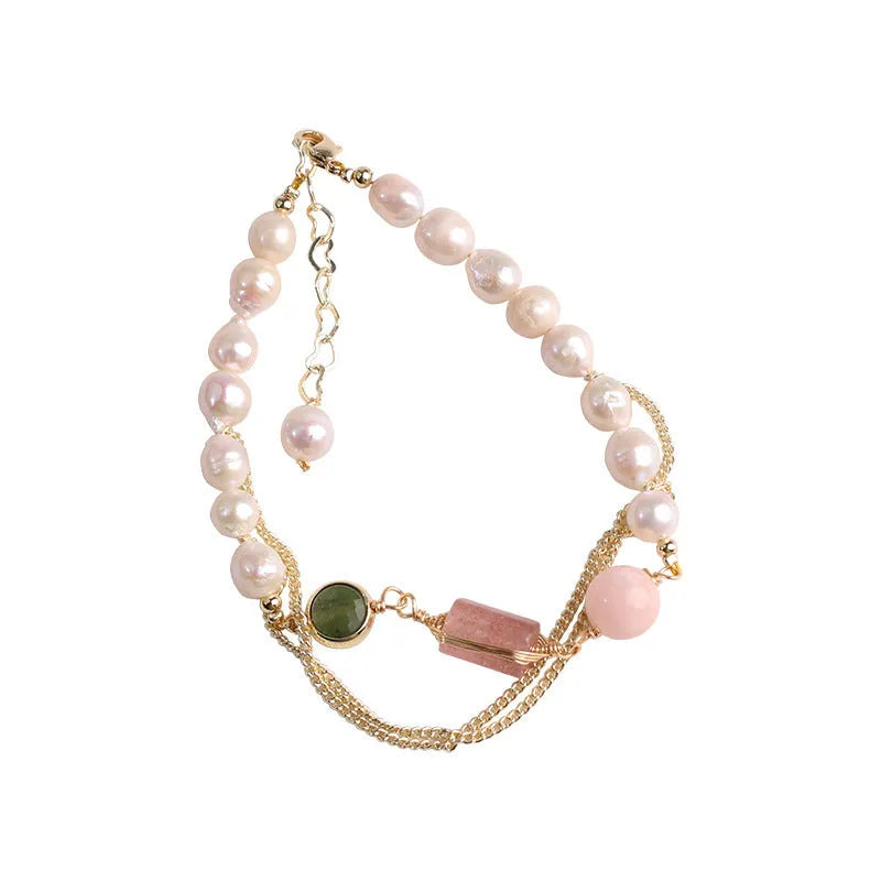 Women's pink freshwater pearl bracelet with geometric strawberry crystal charm