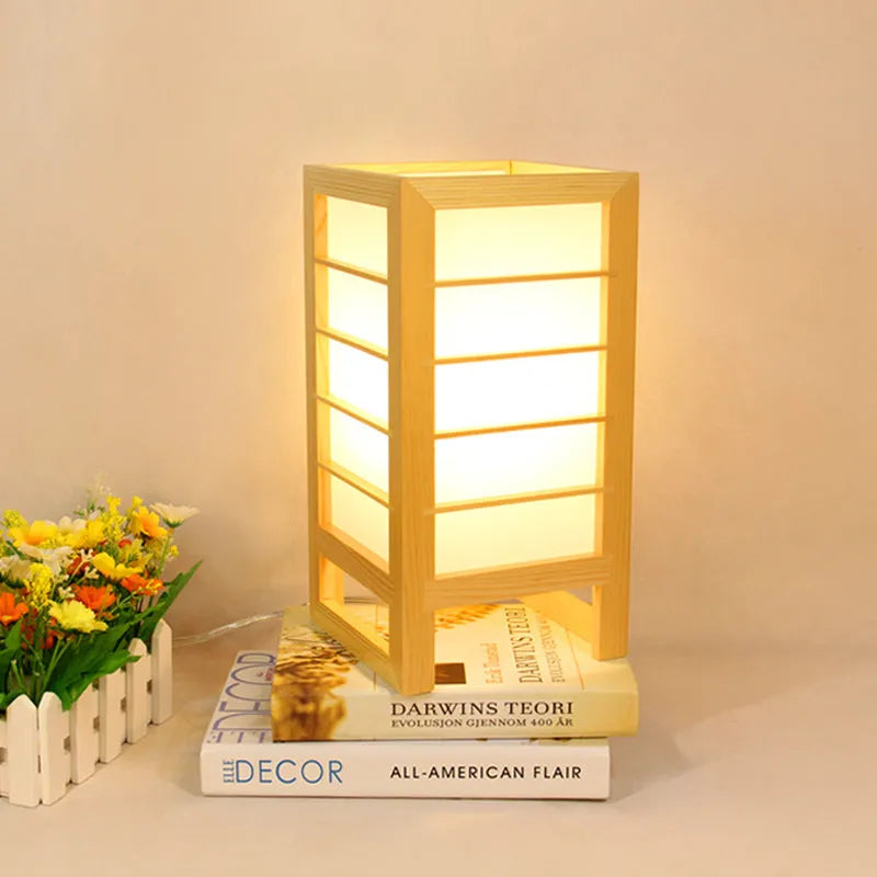 Solid bamboo wood bedside lamp with push-button switch available in warm or white light
