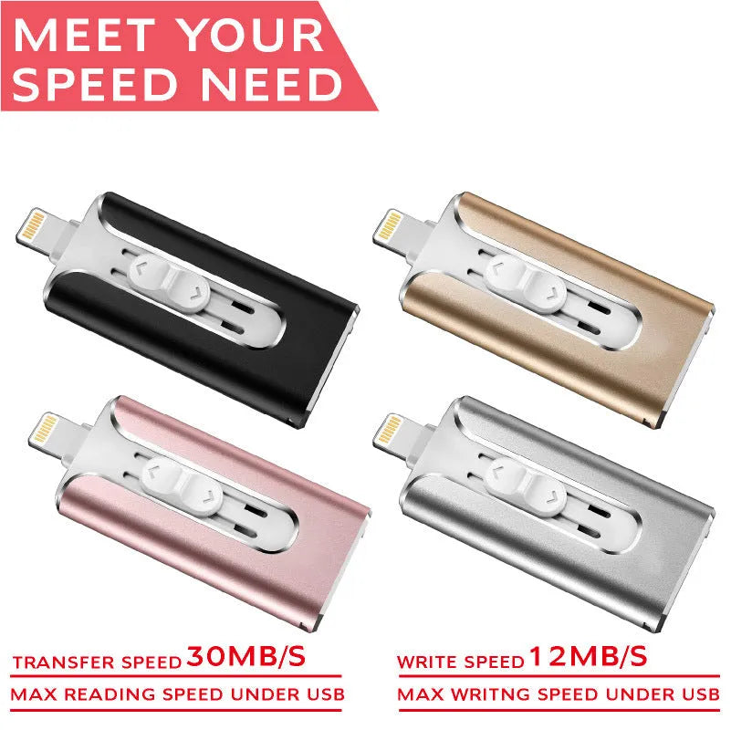 Metal three-in-one flash drive with USB and Lightning connectors in black, silver, gold, or rose gold.