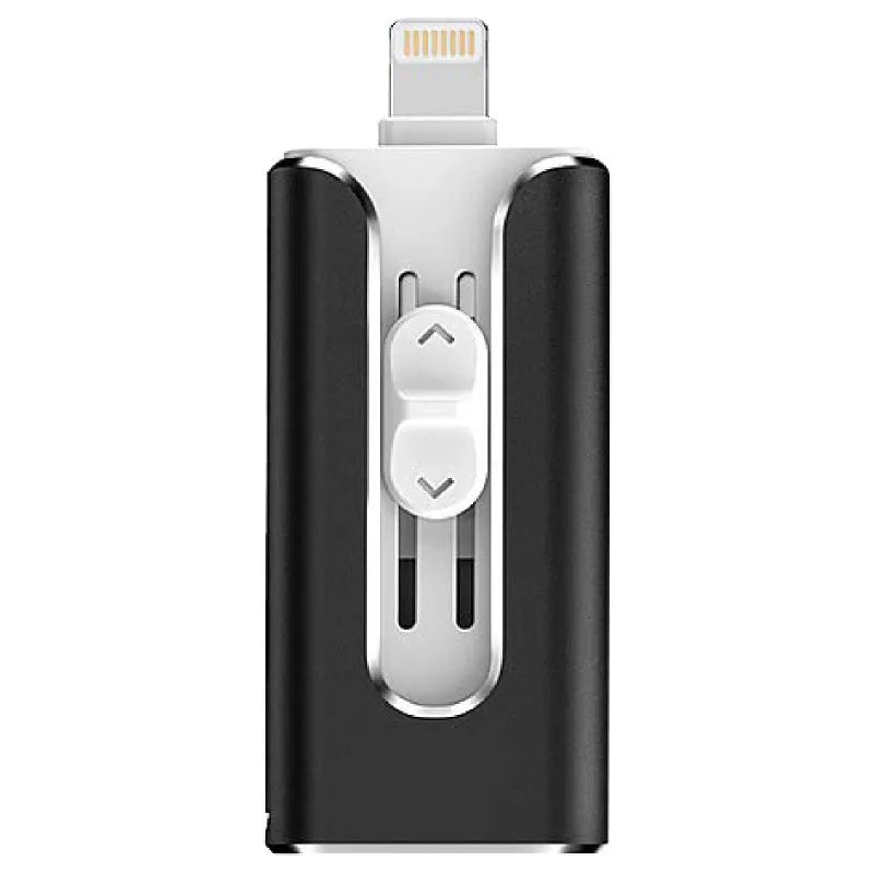 Metal three-in-one flash drive with USB and Lightning connectors in black, silver, gold, or rose gold.