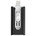 Metal three-in-one flash drive with USB and Lightning connectors in black, silver, gold, or rose gold.