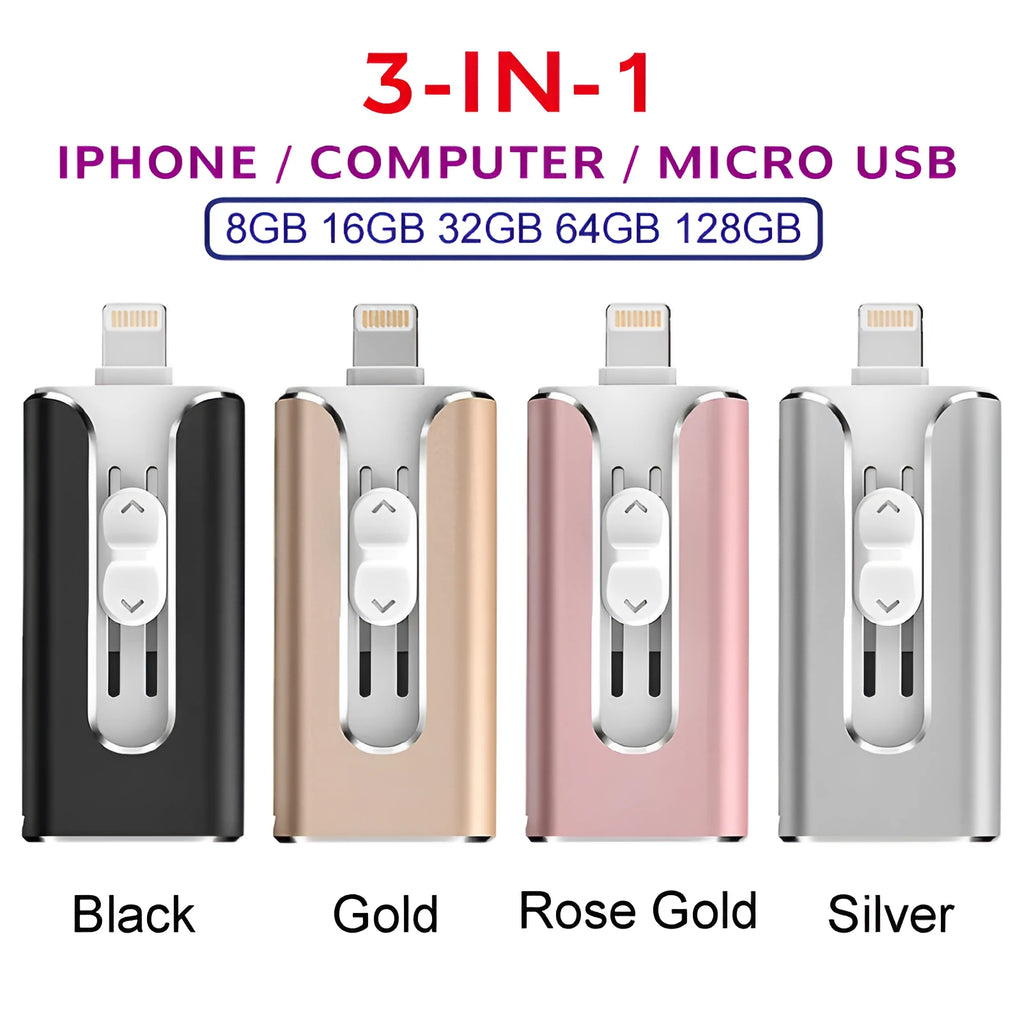 Metal three-in-one flash drive with USB and Lightning connectors in black, silver, gold, or rose gold.