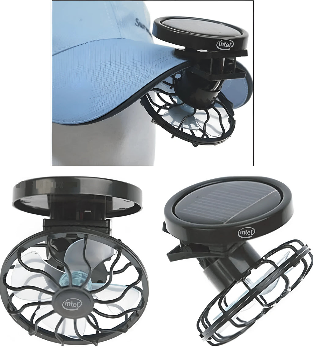 Black portable solar-powered clip fan with solar panel for outdoor cooling during camping and travel.