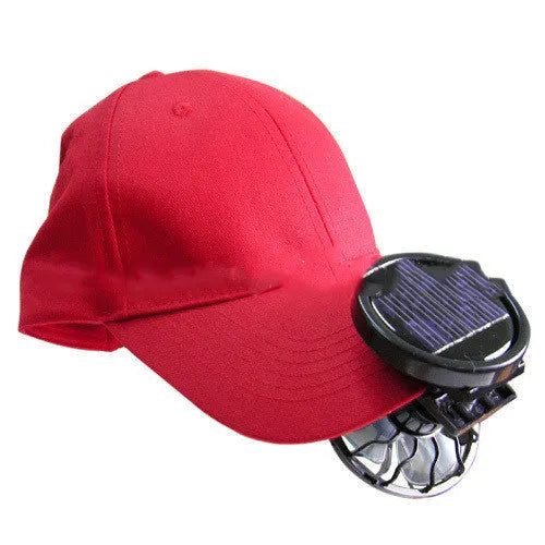 Black portable solar-powered clip fan with solar panel for outdoor cooling during camping and travel.