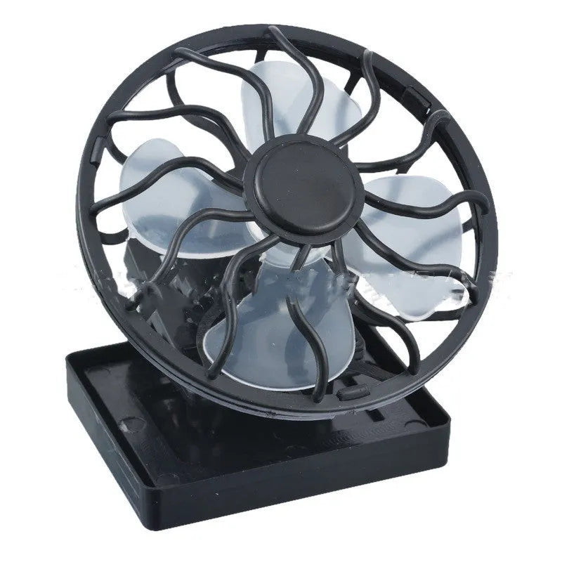Black portable solar-powered clip fan with solar panel for outdoor cooling during camping and travel.