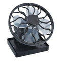 Black portable solar-powered clip fan with solar panel for outdoor cooling during camping and travel.