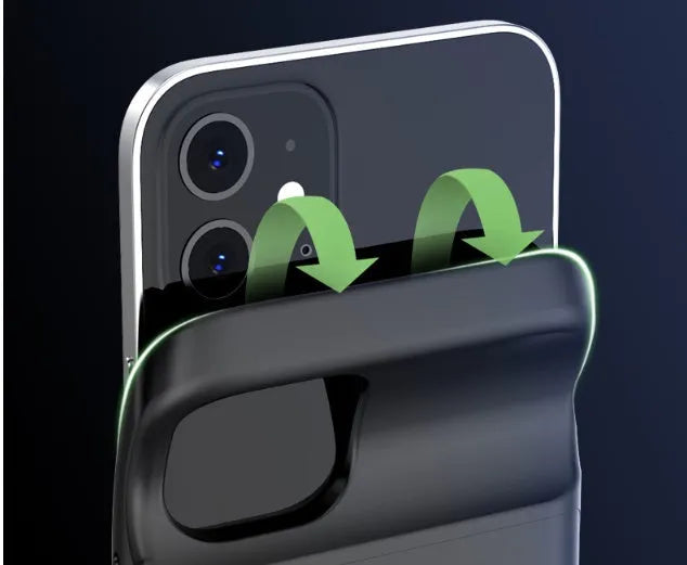 Black ultra-thin TPU back clip battery for iPhone 12 showing clip and multi-USB port.