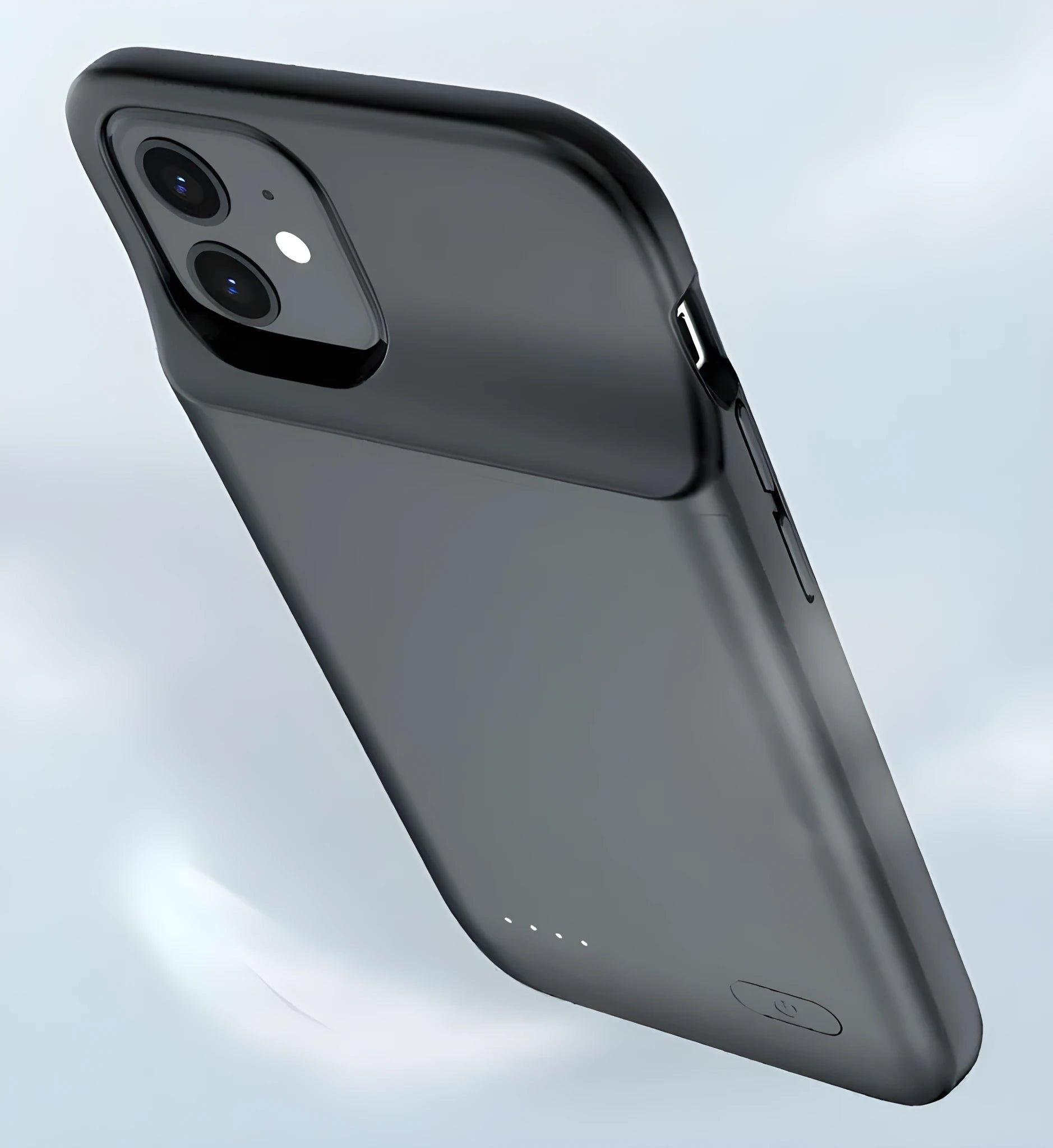 Black ultra-thin TPU back clip battery for iPhone 12 showing clip and multi-USB port.