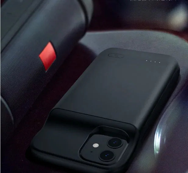 Black ultra-thin TPU back clip battery for iPhone 12 showing clip and multi-USB port.