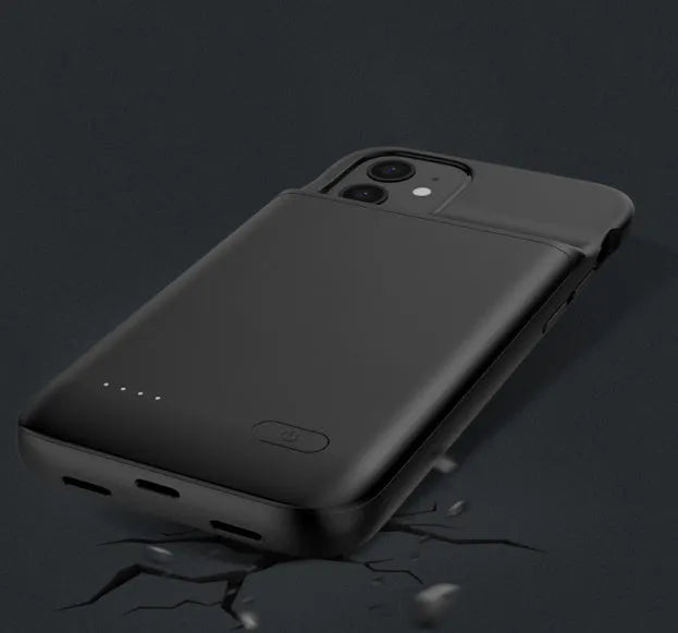 Black ultra-thin TPU back clip battery for iPhone 12 showing clip and multi-USB port.