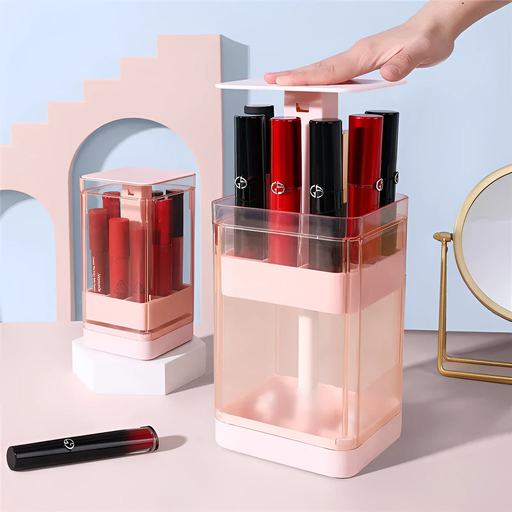 Press lift lipstick storage box desktop organiser with dust cover in pink or white