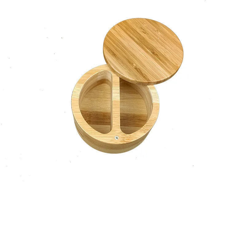 Bamboo seasoning box with spoon, showing single, double round, and pear-shaped compartment options.