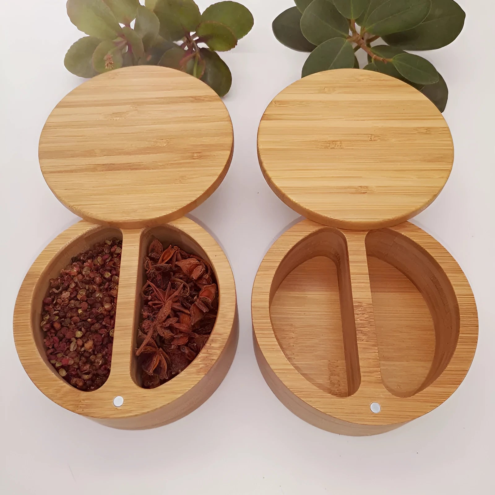 Bamboo seasoning box with spoon, showing single, double round, and pear-shaped compartment options.